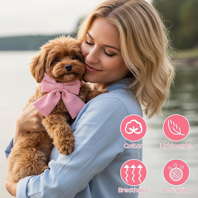 Dog Collar and Leash Set with Bowtie, Pink Cute Girl Dog Collars Bow Metal Buckle Adjustable Corduroy Dogs Collar 10‘’-16‘’for Small Medium Puppy Dogs with 5 FT Leash Pink S