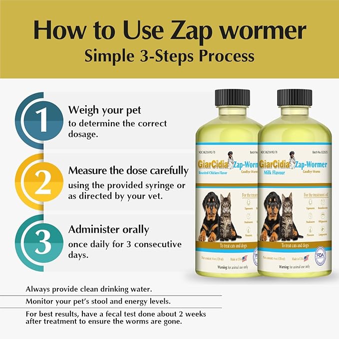 No More Worms in Cats and Dogs- Dewormer for Cats and Dewormer for Dogs - Chicken and Milk Flavours 120 mL / 4 oz Glass Bottle – Includes 3 mL Dropper with Cap (Chicken Flavor)