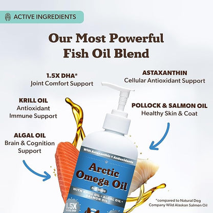 Natural Dog Company Arctic Omega Oil for Dogs – Salmon, Pollock, Krill & Algal, DHA Supports Skin & Coat, Joint Mobility, Cognitive Health & Immune Wellness, Liquid Fish Oil Pump,16 oz