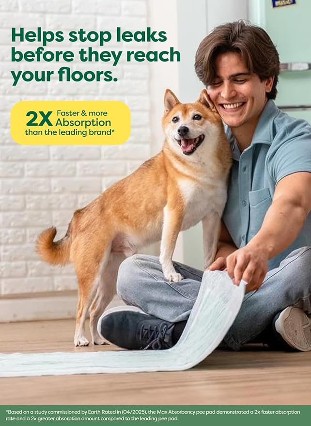 Earth Rated Puppy Pads, Max Absorbency Pee Pads for Dogs, Absorbs 2X Faster & 2X More, Leak Prevention, Potty Training, Fragrance-Free, Unscented, Regular [L], 22” x 23”, 75 Count