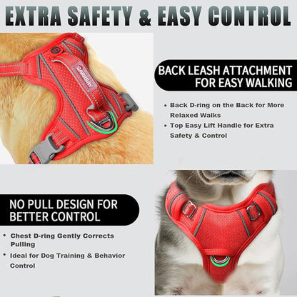 BARKBAY No Pull Dog Harness Large Reflective Dog Harness with Front Clip and Easy Control Handle for Walking Training Running with ID tag Pocket(Red,S)