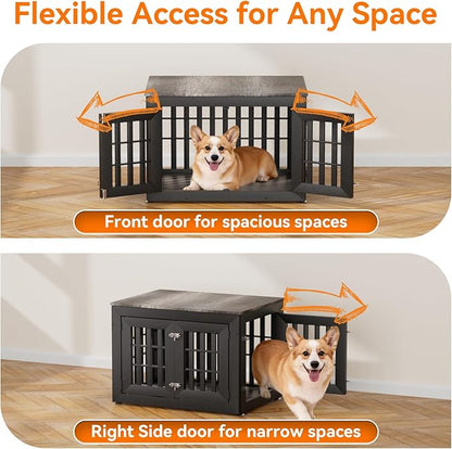 Snuowu 32" Heavy Duty Dog Crate Furniture for Small,Medium and Large Dogs,Rustic Wooden Dog Cage Kennel Indoor Furniture with Waterproof Top,Decorative Pet House Side End Table (Black & Grey)