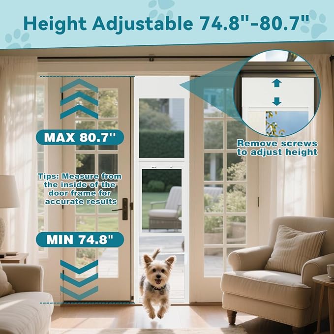 MOPHOTO Dog Door for Sliding Glass Door, Adjustable Height 74.8"-80" Glass Pet Door, No-Drill Insert Installation, Rental-Friendly Sliding Pet Door with Security Lock & Weather Stripping, White