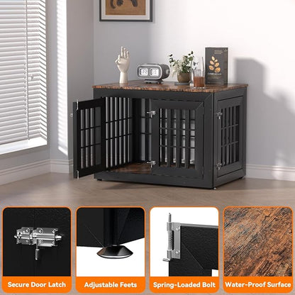 Snuowu 38" Heavy Duty Dog Crate Furniture for Small,Medium and Large Dogs,Rustic Wooden Dog Cage Kennel Indoor Furniture with Waterproof Top,Decorative Pet House Side End Table (Black & Wood)