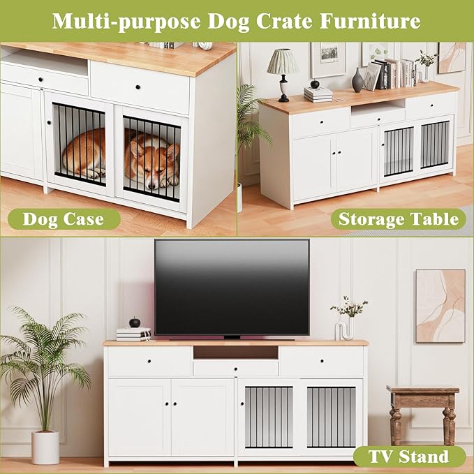 78" Double Door Dog Crate Furniture TV Stand, Heavy Duty Wooden Dog Kennel with 3 Drawers & 2 Cabinets, Extra Large Indoor Dog Cage for Medium/Large Dogs, White