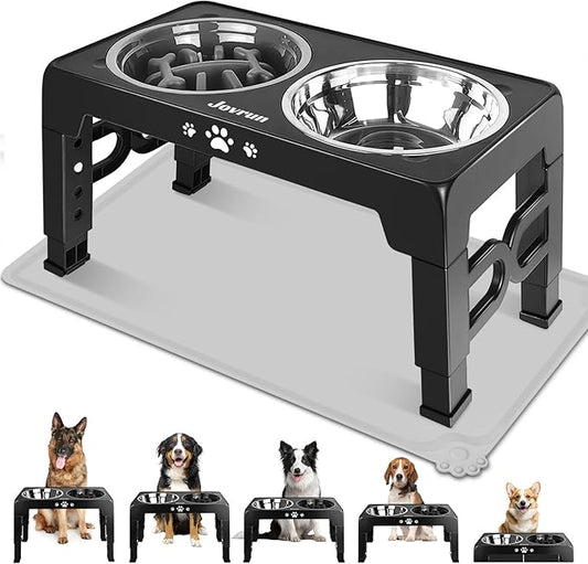 Jovrun Elevated Dog Bowls for Medium Size Dogs with Mat, Non-Slip Dog Feeder with 1*Stainless Steel Dishes & 1*Slow Feeder Bowl, 5 Heights Adjustable Raised Bowls for 3.15″-8.66″-9.84″-11.02″-12.2″