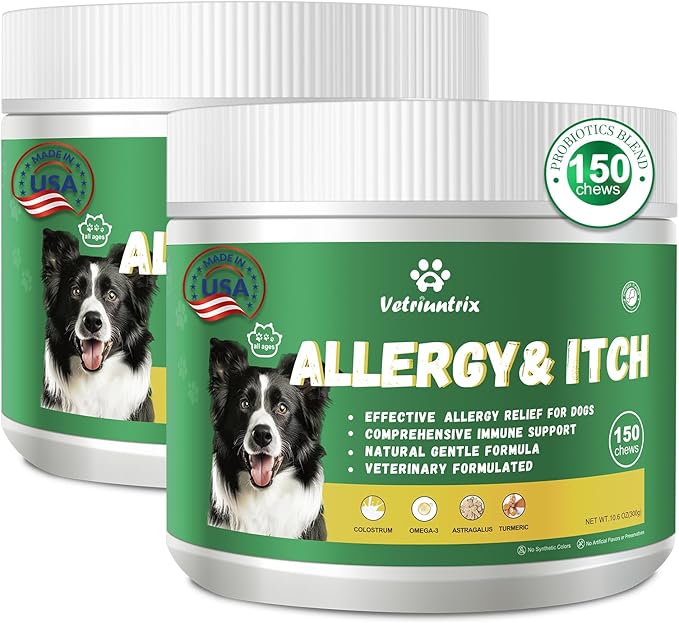 Dog Allergy Relief Chews, Natural Dog Itch Relief Chews with Omega-3, Astragalus & Turmeric for Immune Support, Prebiotic for Dog Skin Allergy Relief, Paw Licking & Seasonal Itching-300ct