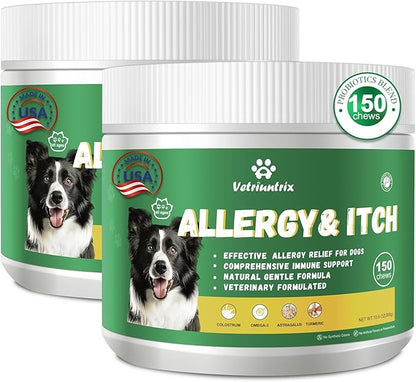Dog Allergy Relief Chews, Natural Dog Itch Relief Chews with Omega-3, Astragalus & Turmeric for Immune Support, Prebiotic for Dog Skin Allergy Relief, Paw Licking & Seasonal Itching-300ct