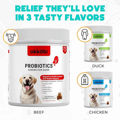 Probiotics for Dogs Chews 150 pcs - Probiotic Chews for Dogs with Enzymes & Natural Ingredients - Digestive & Gut Health Support - US Formula - Beef Flavored