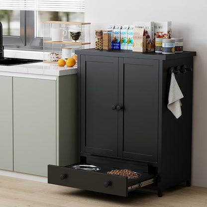 Dog Feeding Station with Storage, Metal Dog Food Storage Cabinet with 2 Elevated Bowls and 3 Hooks, Pet Feeding Station and Food Storage Organizer, Black