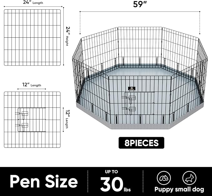 PJYuCien Dog Playpen with Bottom Pad - Metal Foldable Exercise Pen, 8 Panels 24" H x 24" W Indoor Outdoor Pet Fence Puppy Crate Kennel, Gray