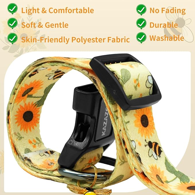 Kazazoo Dog Collar Cute and Soft Nylon Puppy Collar for Boy and Girl, Adjustable Dog Collars for Small Medium Dogs, Bees and Sunflowers-XS