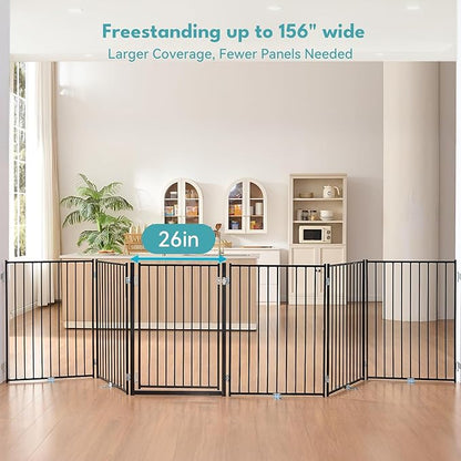 No Pawblems Free Standing Dog Gate with Door, 36'' Tall Foldable Dog Fence for Indoor & Outdoor, Up to 156 Inch Extra Wide Puppy Gate for Stairs, Hallways, Doorways, Deck, Yard (Black, 6 Panels)