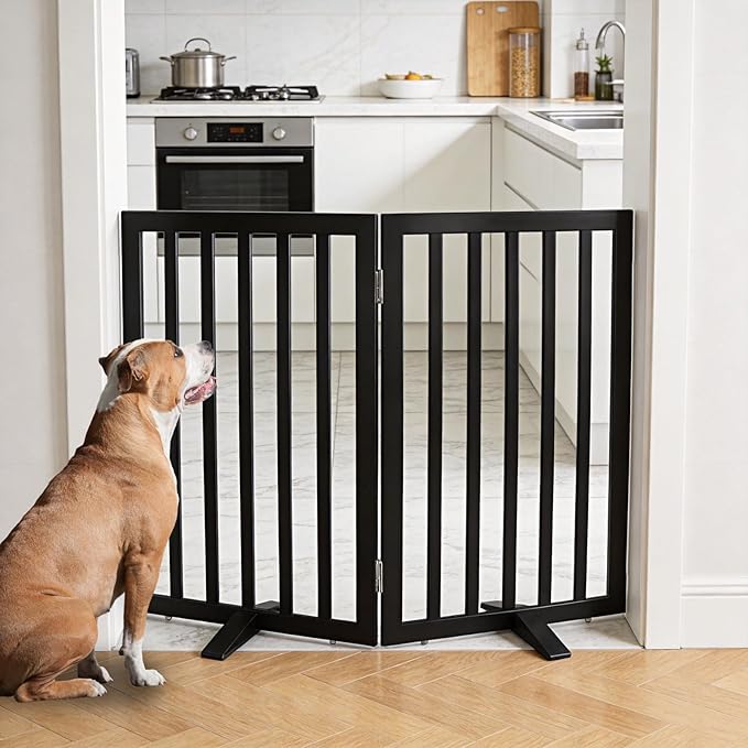 ZJSF Freestanding Indoor Dog Gate for House Foldable Wood Puppy Gate for Doorways Pet Gate for Stairs Extra Wide Pet Fence, Black, 32" Height 2 Panels