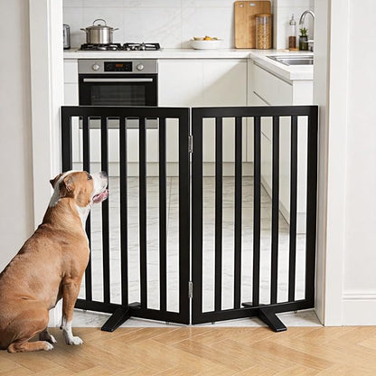 ZJSF Freestanding Indoor Dog Gate for House Foldable Wood Puppy Gate for Doorways Pet Gate for Stairs Extra Wide Pet Fence, Black, 32" Height 2 Panels