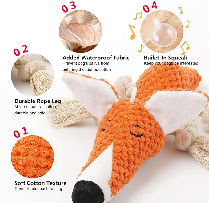 Sedioso Cute Squeaky Dog Toy, Stuffed Plush Toy for Puppies, Durable Dog Chew Toy for Small, Middle, Large Breed (Orange Fox)