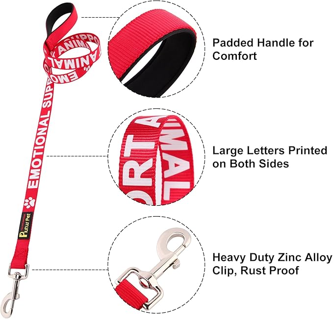 Plutus Pet Emotional Support Animal Leash with Soft Neoprene Padded Handle,Printed in Large Letters on Both Sides,4ft Long,Red,3/4" Wide for Medium Dogs