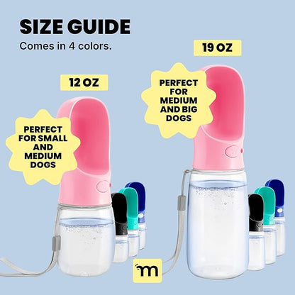 MalsiPree Leak-Proof Portable Dog Water Bottle for Travel - 19 oz, with Pink Bowl - Food Grade Plastic - Dog Bowls - Puppy Essentials - Pet Water Bottle