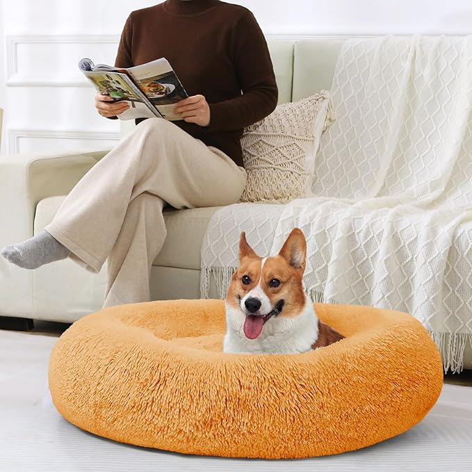 JOLLYVOGUE Dog Beds Large Sized Dog, 36 inches Calming Soft Anti-Anxiety Donut Dogs Bed, Washable Round Fluffy Cushion for Large Pets, Fits up to 80 lbs Pets