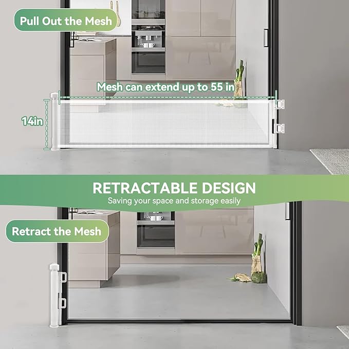 2 Packs Set 14" Tall Short Dog Gate to Step Over, Retractable Mesh Pet Door for Small Puppy, Extended up to 55" Wide for Indoor Stairs Doorways and Hallway(White)