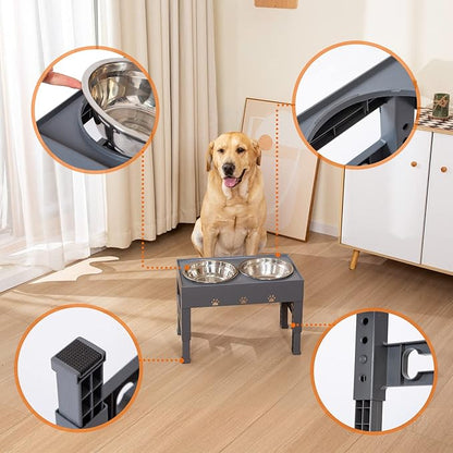 Elevated Dog Bowls with 2 Stainless Steel Bowls, 5-Height Adjustable Stand (3.1", 9" to 12"), for Improved Digestion & Neck Support, Easy Clean, Non-Slip Base Raised Feeder for Medium Large Dogs