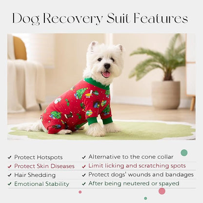 Dog Surgery Recovery Suit for Female Male Dogs, Christmas Dog Onesie Pajamas with Long Sleeve, Xmas Cat Abdominal Wound Bandages Surgical Suit for Shedding Skin Disease