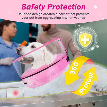 BARKLESS Inflatable Dog Cone, Protective Dog Surgery Collar to Stop Licking Biting Wounds, Patented Soft Donut Cone with Clear Shield, Adjustable Blow-up Collar for Surgery (Pink, XL (Neck: 18"-23"))