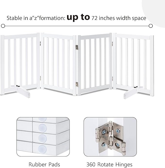 LZRS Freestanding Extra Wide Dog Gate 30 inch Tall - 4 Panels Solid Wooden Pet Gate for Doorways, Stairs, Hallways,Kitchens& Long Areas, Expandable & Foldable with Support Feet,Indoor Use,White