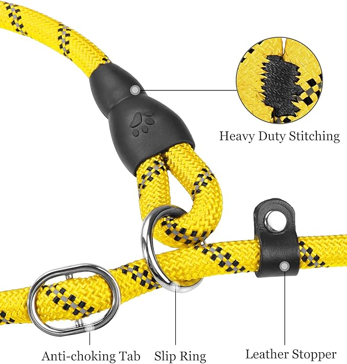 TagME 6ft Slip Dog Lead, No Pull Reflective Training Leash with Padded Handle, Professional Rope P-Leash for Small Medium Large Dogs, Heavy Duty Correction Lead for Walking & Training (Yellow)