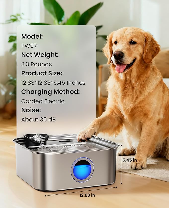 oneisall Dog Water Fountain for Large Dogs, 10L/2.6Gal Stainless Steel Automatic Dog Water Bowl Dispenser with Deeper, Wider Drinking Area, Water Window & Triple Filtration for Large Dogs & Multi-Pet
