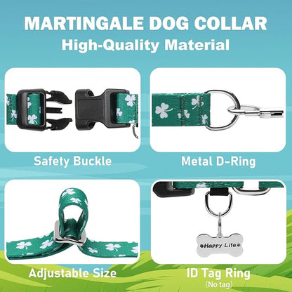 St.Patrick's Day Martingale Collar for Dogs with Buckle Adjustable Shamrock Spring Holiday Dog Collar (Clover, Medium)