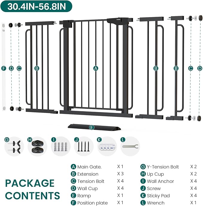 Cumbor 30.4-56.8" Extra Wide Baby Gate for Stairs, Dual Lock & Self-Closing Dog Gate Indoor, Easy Install Pet Gate for Doorways & Wide Openings, Easy Walk Thru Safety Proofing for Babies & Pets, Black