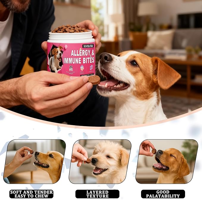 XIXSUSU Allergy Relief Chews for Dogs 12 oz | Itch & Hot Spot Relief for Skin & Coat Health | Grain Free Soft Chews for Dog Allergies | Gut Health for Dog Allergies & Sensitive Stomach