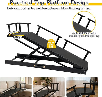6 Level Height Adjustable Dog Ramp for Bed, Couch 65" Foldable Pet Ramp with Non-Slip Mat，DIY Glow Strips & Rest Platform Heavy Duty Dog Stairs for Large Dogs up to 200Lbs ，Black