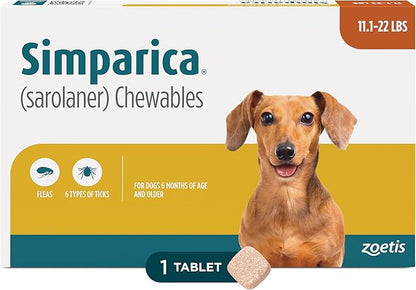 Simparica (sarolaner) Chewables for Dogs, 20 mg/tab, 11.1-22 lbs (Caramel), 1 Tablet
