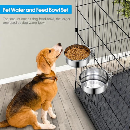2 Pcs Medium Dog Food Water Bowl for Cage with Upgraded Clamp Holder, Pet Kennel Hanging Bowls Stainless Steel Non-Spill Detectable Bowls Crate Feeder for Medium Dogs (6.3x2.3'' & 5.5x2'')