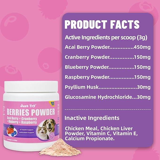Just Try Berries Powder Dog Cranberry Supplement Urinary Tract for Dogs UTI Cat UTI Remedy Cat Supplements - 7 OZ
