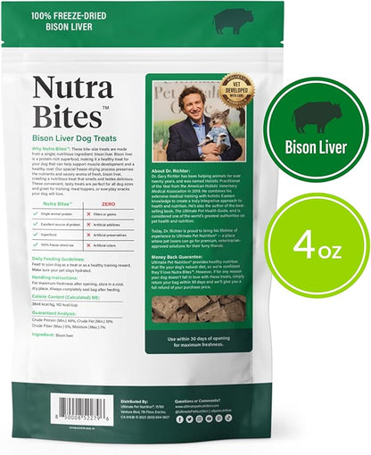 ULTIMATE PET NUTRITION Nutra Bites Freeze Dried Raw Single Ingredient Training Treats Food Topper for Dogs, 4 Ounces, Bison Liver