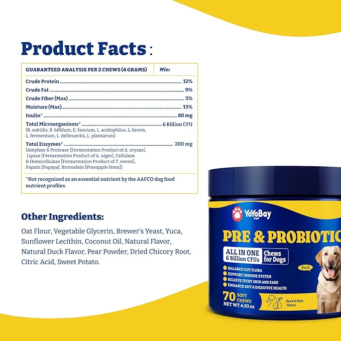 Probiotics for Dogs - Dog Probiotics for Digestive Health, Yeast, Itchy Skin, Gut Health, Immune & Skin - 6 Billion CFUs, 70 Soft Chews, Duck & Pear Flavor - with Prebiotics & Digestive Enzymes