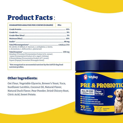 Probiotics for Dogs - Dog Probiotics for Digestive Health, Yeast, Itchy Skin, Gut Health, Immune & Skin - 6 Billion CFUs, 70 Soft Chews, Duck & Pear Flavor - with Prebiotics & Digestive Enzymes