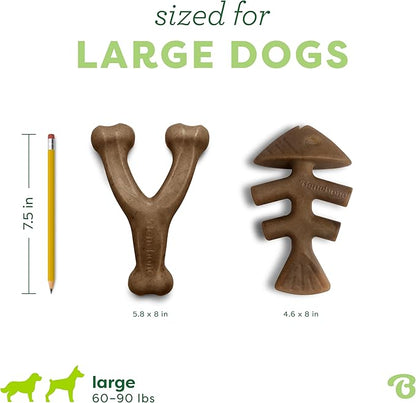 Benebone 2-pack Fishbone/Wishbone Durable Dog Chew Toys, Real Fish, Real Bacon, Made in USA, Large