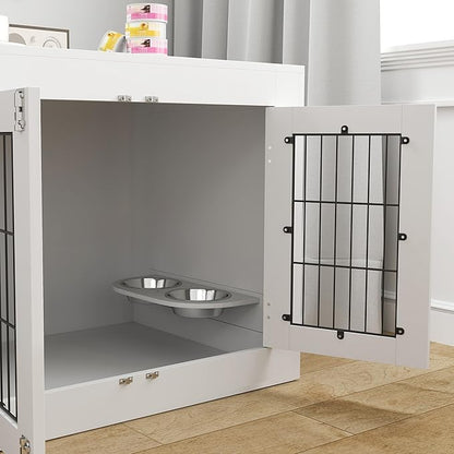 PawHut Dog Crate Furniture w/ 360° Rotatable Removable Dog Bowls, Dog Kennel Furniture w/Two Doors, Non-Slip Foot Pads, Furniture Dog Crate End Side Table for Medium Dogs, 31.5" x 24" x 25", White