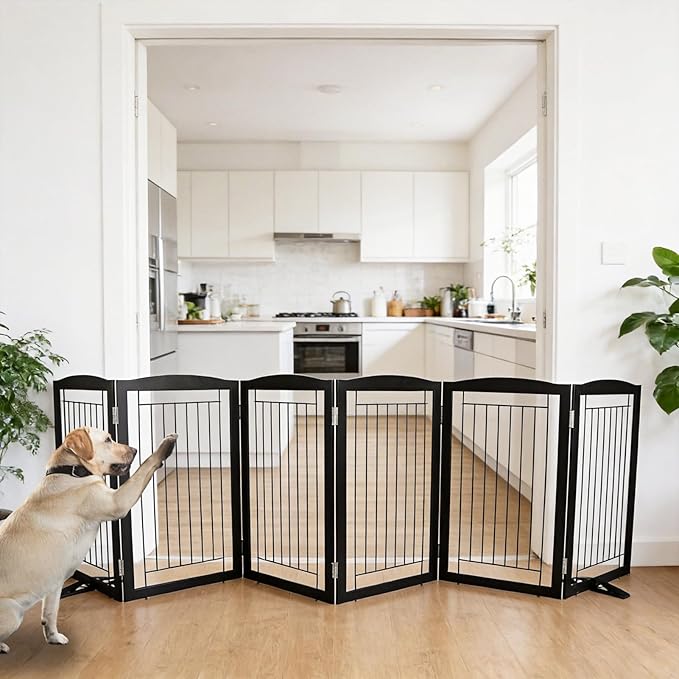 ZJSF Freestanding Dog Fence Indoor, Foldable Dog Gate for Doorways, Stairs or Hallways, Sturdy Wood Extra Wide Pet Gate with Support Feet for The House, Black, 32 "Height-6 Panels