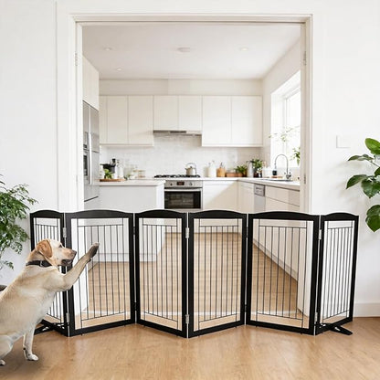 ZJSF Freestanding Dog Fence Indoor, Foldable Dog Gate for Doorways, Stairs or Hallways, Sturdy Wood Extra Wide Pet Gate with Support Feet for The House, Black, 32 "Height-6 Panels