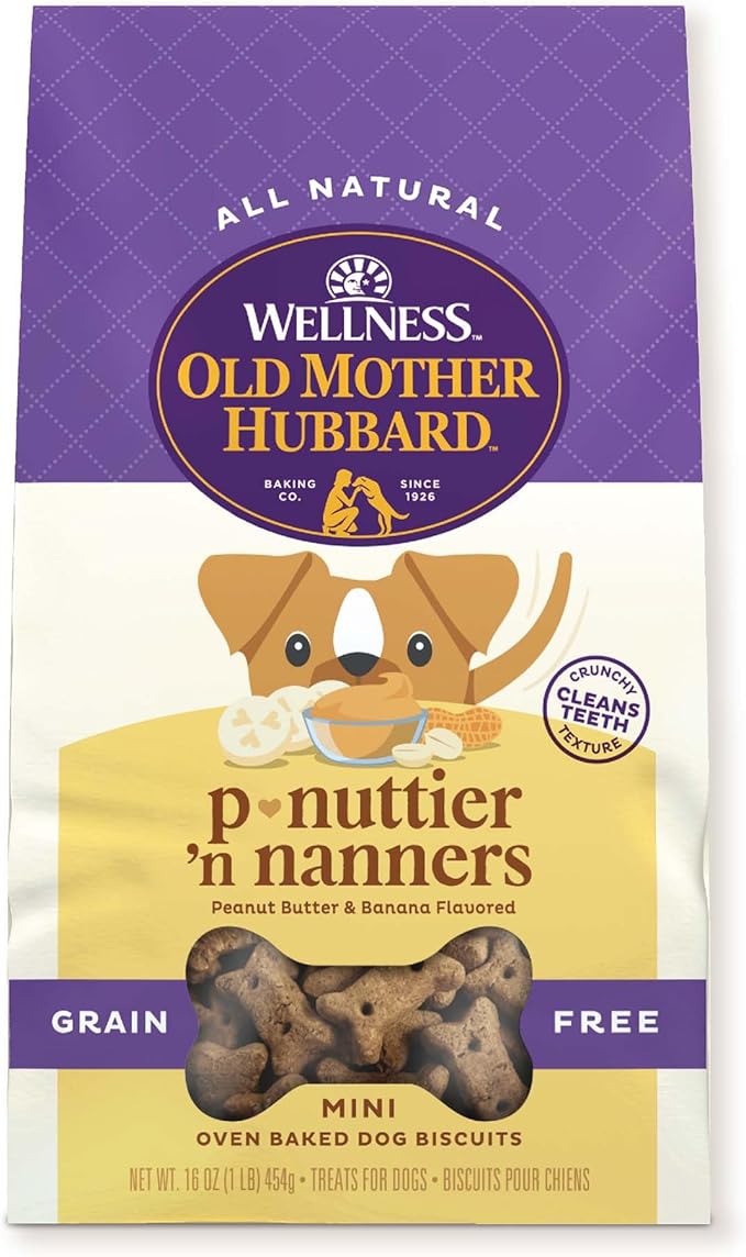 Wellness Old Mother Hubbard Classic Grain Free P-Nuttier'n Nanners Dog Biscuits, Natural Training Treats, Peanut Butter and Banana Flavor, Mini Size. 16 oz Bag