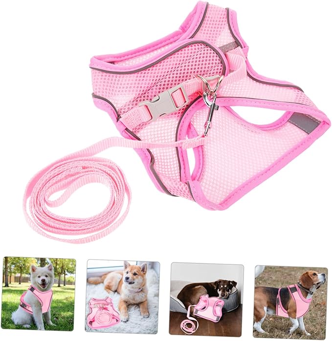 balacoo 1set Reflective Dog Harness and Leash Set Breathable Mesh Outdoor Walking Gear for Summer and Comfortable Pet Walking Pink