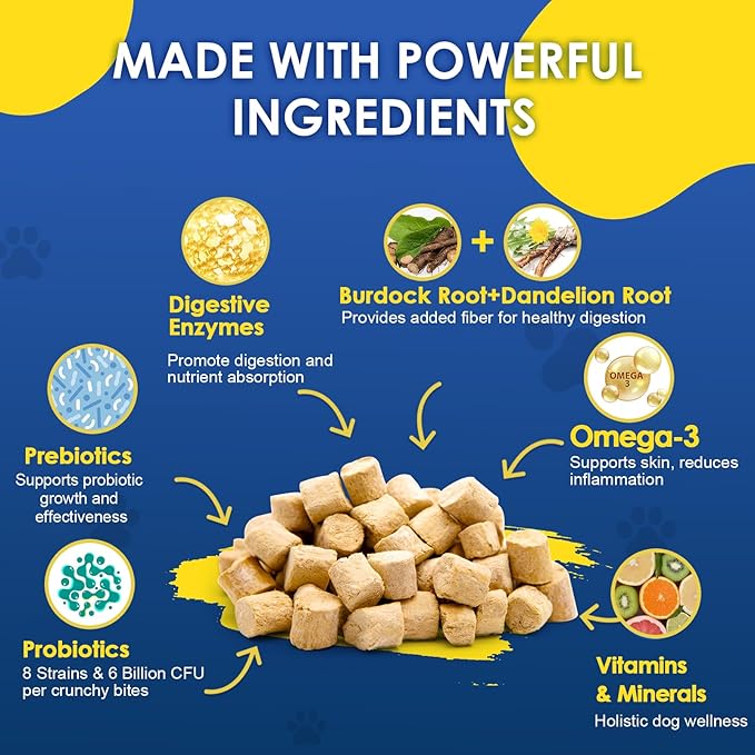 Probiotics for Dogs - Dog Probiotics for Digestive Health, Prebiotics, Enzymes, Fiber, and Omega-3 with Vitamins to Promote Intestinal Health, Support Immunity, Allergies & Itchy Skin, 120 Bites