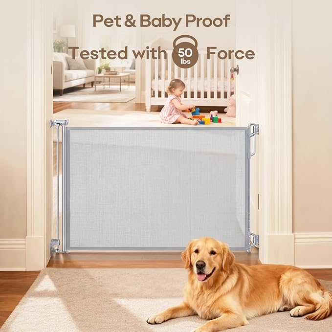 SPACEANY Retractable Safety Baby Gate or Mesh Dog Gate,Durable Portable Mesh Retractable Gate,Easy to Use for Stairs, Doorways, Hallways, Indoor, Outdoor, 33.5" Tall, Up to 45" Wide, Gray