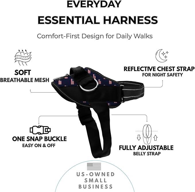 ShawnCo Essential Dog Harness, No-Pull Pet Vest with 3 Leash Clips, No Choke, Reflective, Adjustable and Padded, for Easy Walking and Training for Small, Medium and Large Dogs (USA Flag,M)