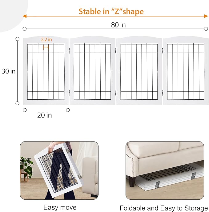 LZRS 4-Panel Freestanding Wooden Dog Gate—Extra Wide 30” Tall Foldable Pet Barrier with Support Feet, Solid Hardwood & Steel Wire Chew-Resistant Safety Gate for Doorways, Hallways, and Stairs, White